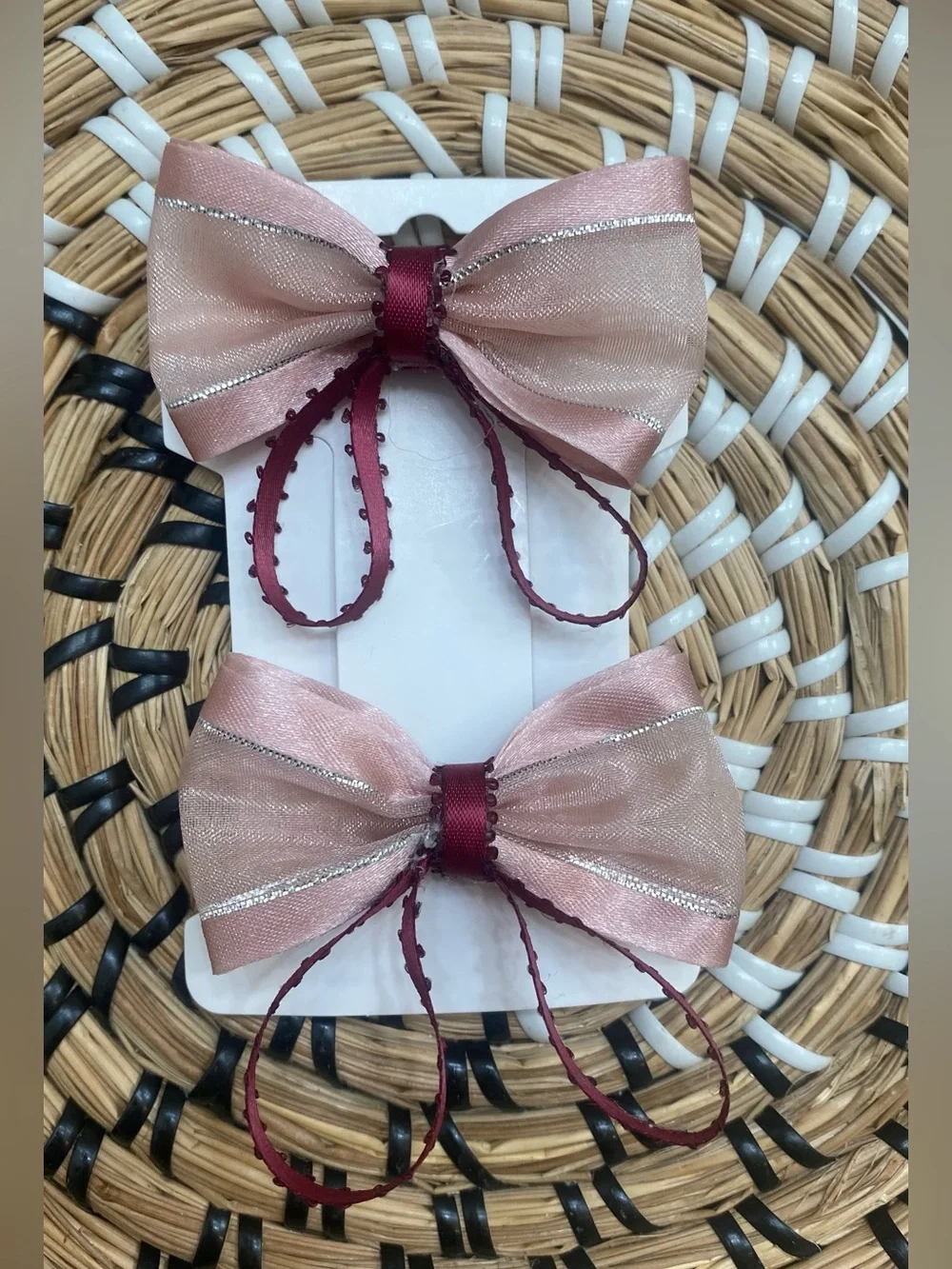Dusty Rose Sheer Ribbon Hair Bows with Burgundy Accents